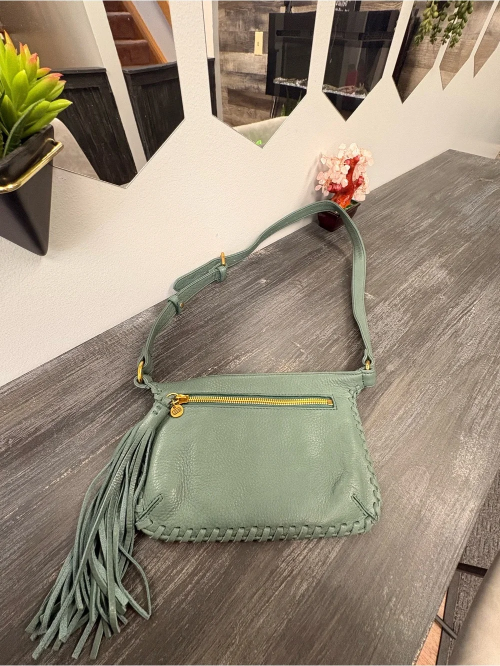 HOBO Small Green Leather Crossbody with Tassel and Front Zip Bag